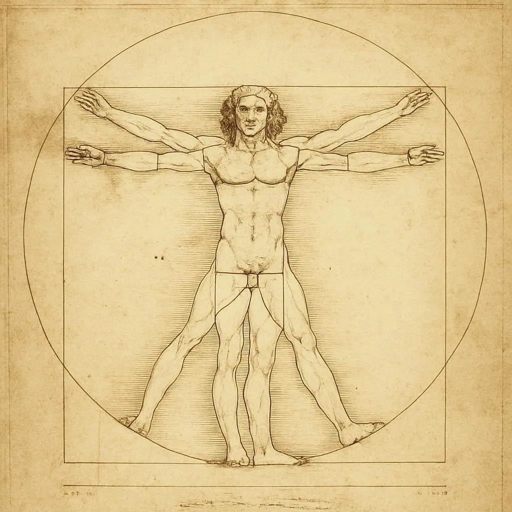 Leonardo da Vinci's Vitruvian Man — the human body inscribed in a circle and a square, illustrating ideal human proportion